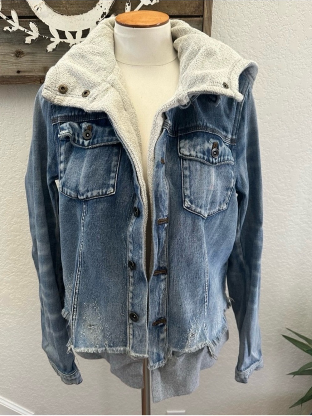 Free People Blue Terry Sweatshirt-Lined‎ Denim Jean Jacket - Women’s size L